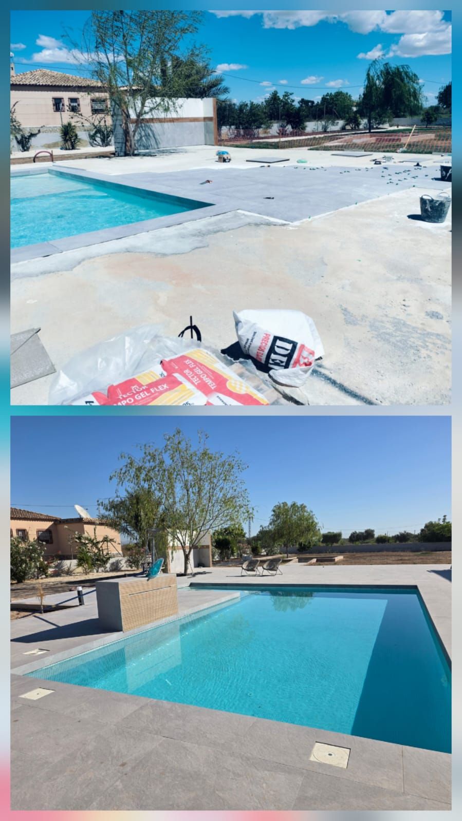 Dos vistas de una piscina y un patio traseros durante su renovación, con agua azul y materiales de construcción.
