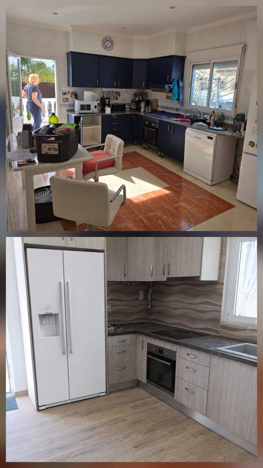 Antes y después de una reforma de cocina, donde los armarios azul oscuro fueron sustituidos por armarios 