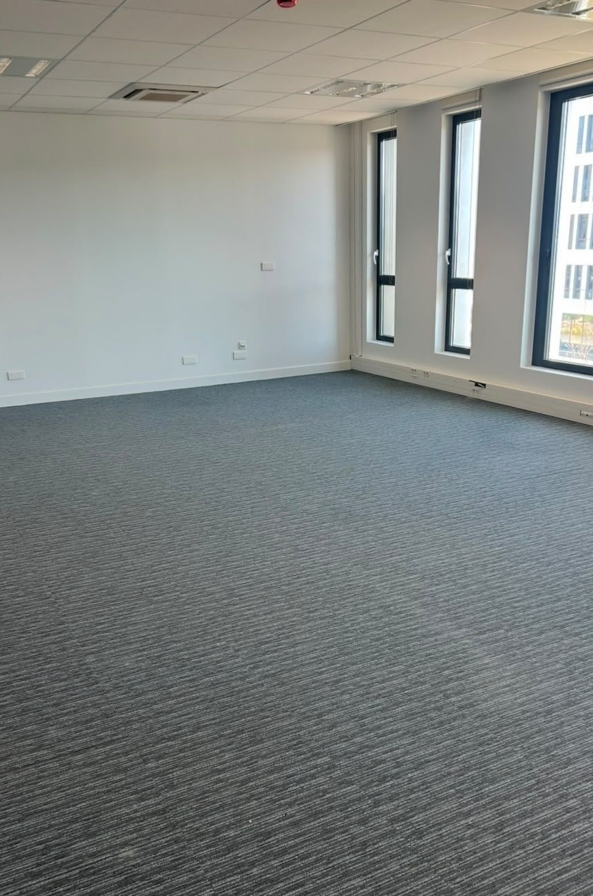 Bureau vide avec une moquette grise, des murs blancs et de hautes fenêtres sur un côté