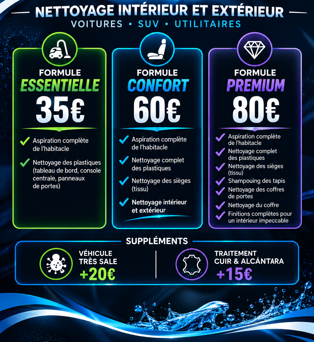 Affiche tarifaire pour le nettoyage de véhicule, avec les formules Essentiel, Confort et Premium