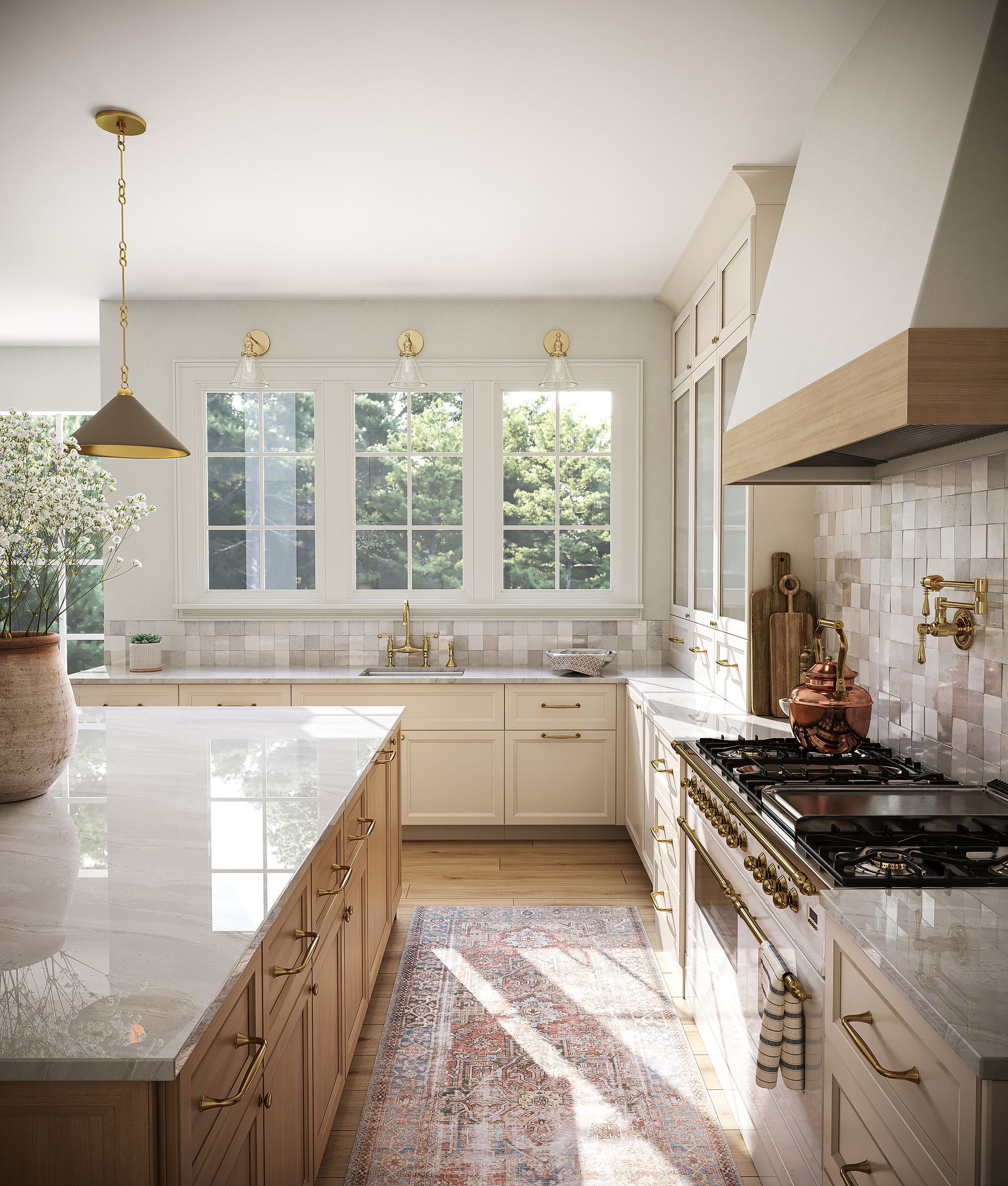 Cuisine moderne et lumineuse avec îlot en marbre, placards blancs et grandes fenêtres baignées de soleil.
