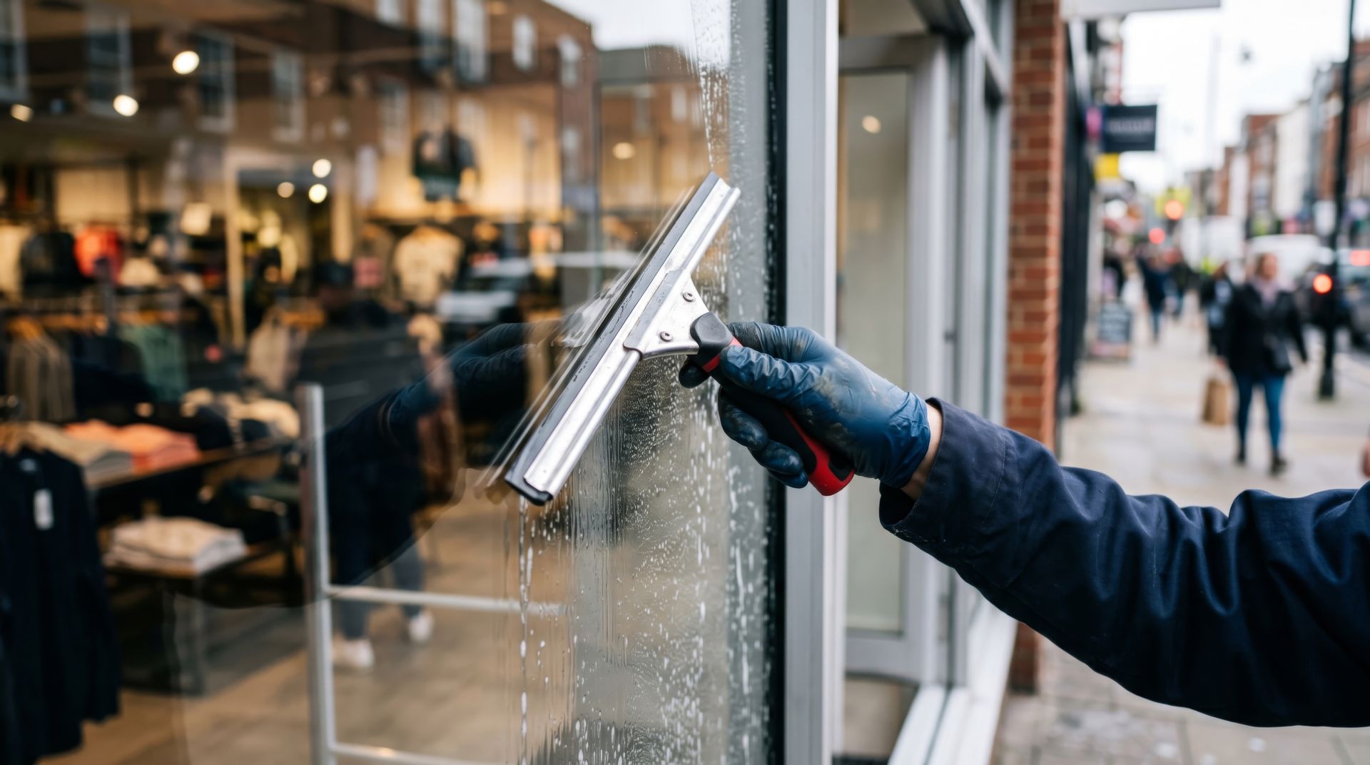 Personne nettoyant la vitrine d’un magasin avec une raclette, sur un trottoir en ville