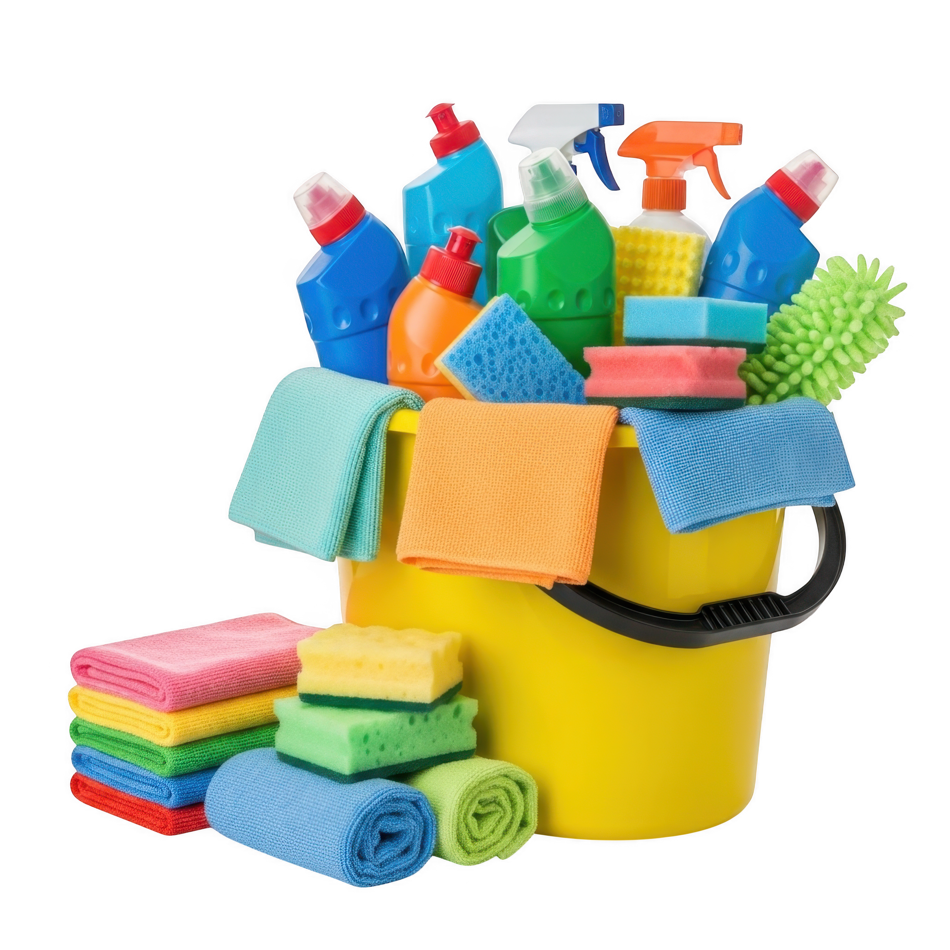 Caddie de nettoyage jaune rempli de vaporisateurs colorés, de brosses, de chiffons et d’éponges sur fond blanc