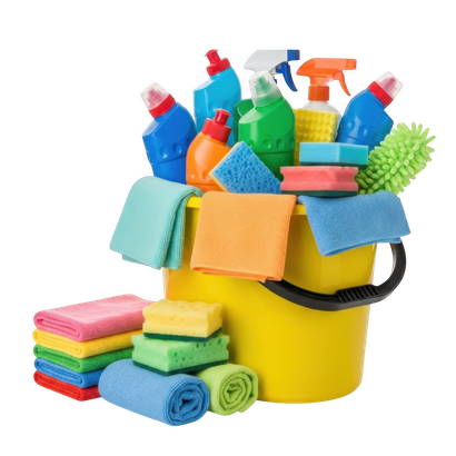 Caddie de nettoyage jaune rempli de vaporisateurs colorés, de brosses, de chiffons et d’éponges sur fond blanc