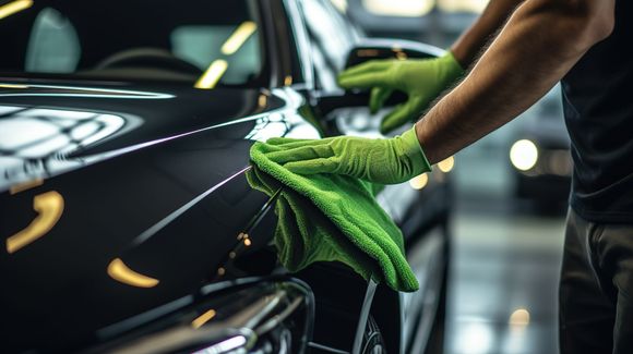 Personne essuyant une voiture noire avec un chiffon en microfibre vert dans un garage