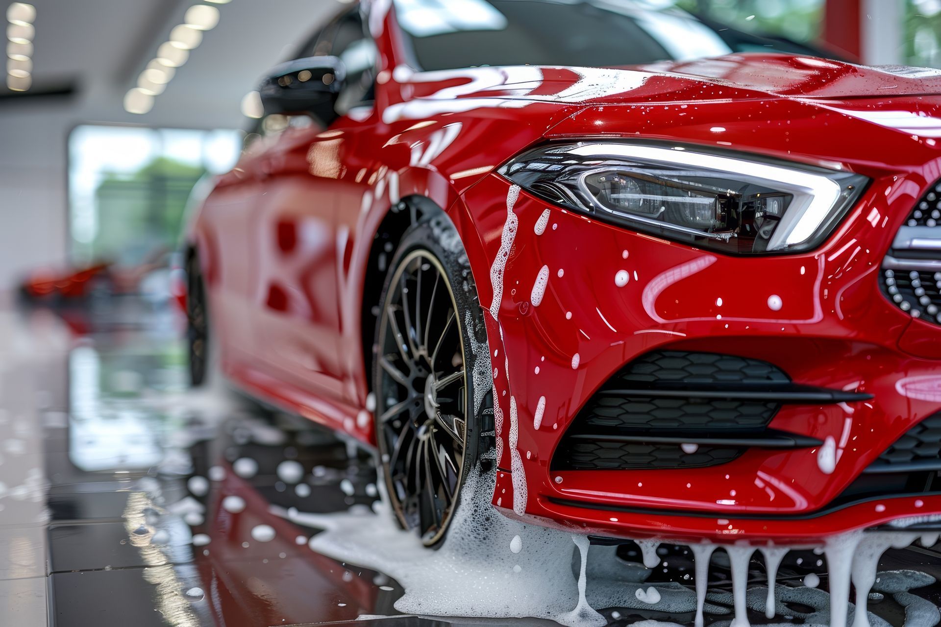 Une voiture de sport rouge en train d’être lavée dans une station de lavage, avec de la mousse savonneuse sur les roues.
