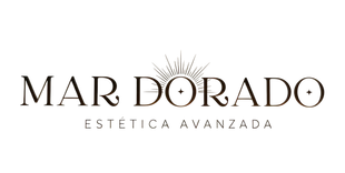 Logotipo de Mar Dorado con fuente elegante, gr&aacute;fico de rayos de sol centrado y "Est&eacute;tica Avanzada" debajo.