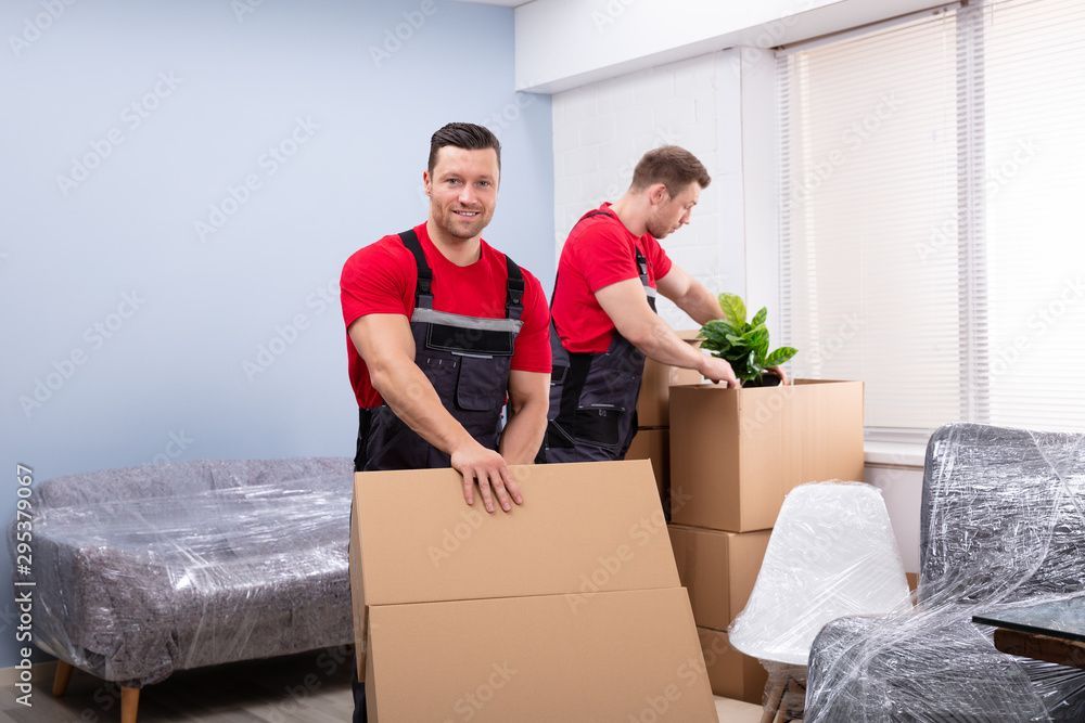 Mitarbeiter der Rebo Transport GmbH packen Kartons