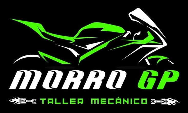 Logotipo para el taller de reparaci&oacute;n de motocicletas Morro GP con un contorno de motocicleta verde y blanco