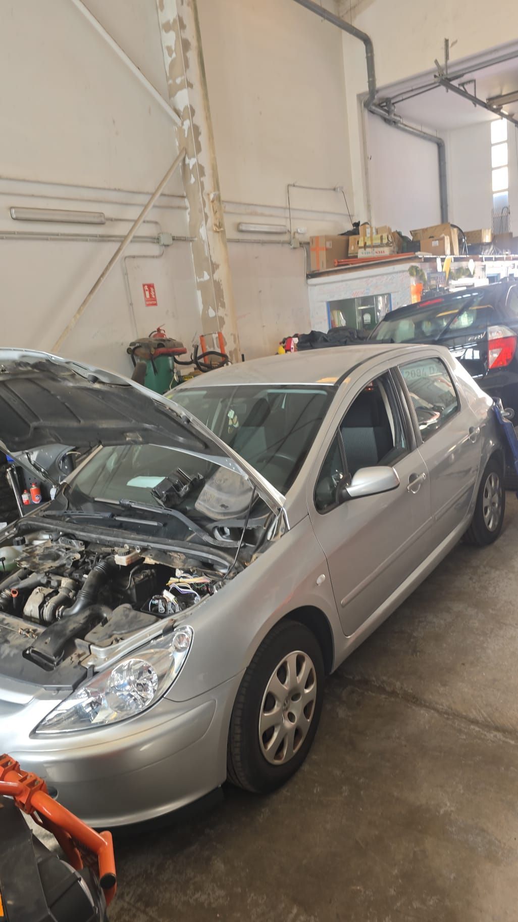 Peugeot 307 plateado con el capó abierto en un garaje. Otro coche detrás.