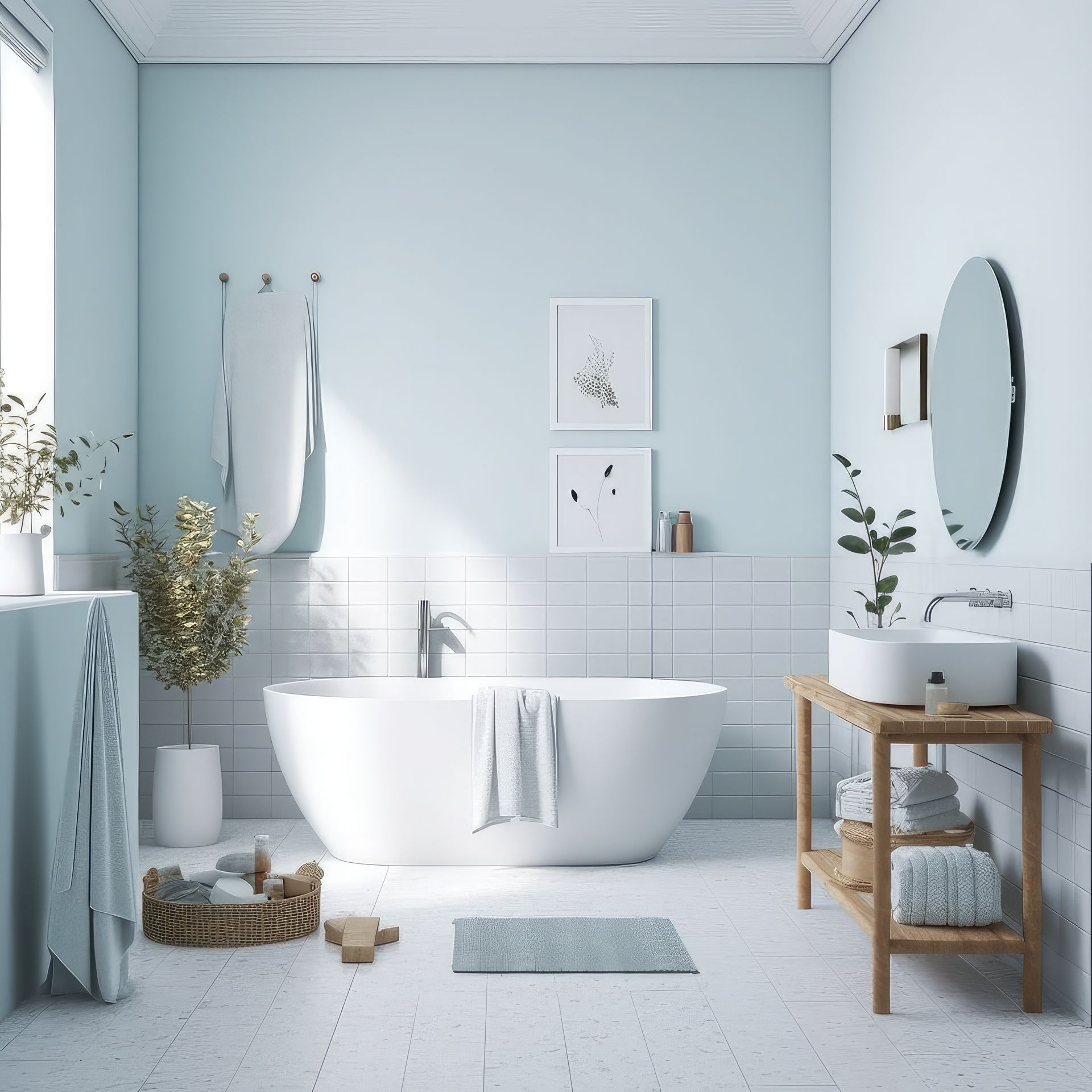 Une salle de bains dans les tons bleu  pâle