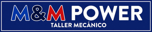 Logotipo de M&M Power con texto blanco delineado sobre fondo azul y &ldquo;Taller Mec&aacute;nico&rdquo; debajo.