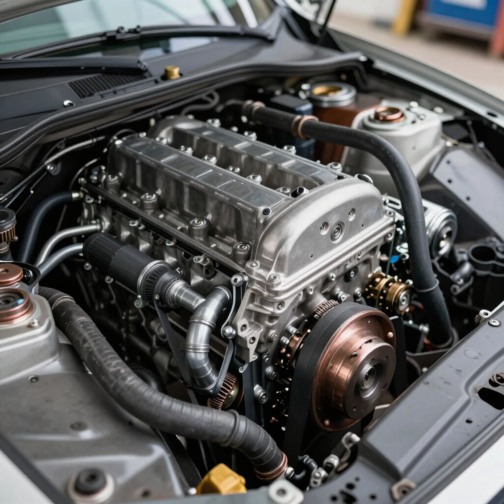 Primer plano del compartimento del motor de un coche con un motor turboalimentado pulido y mangueras y componentes visibles.