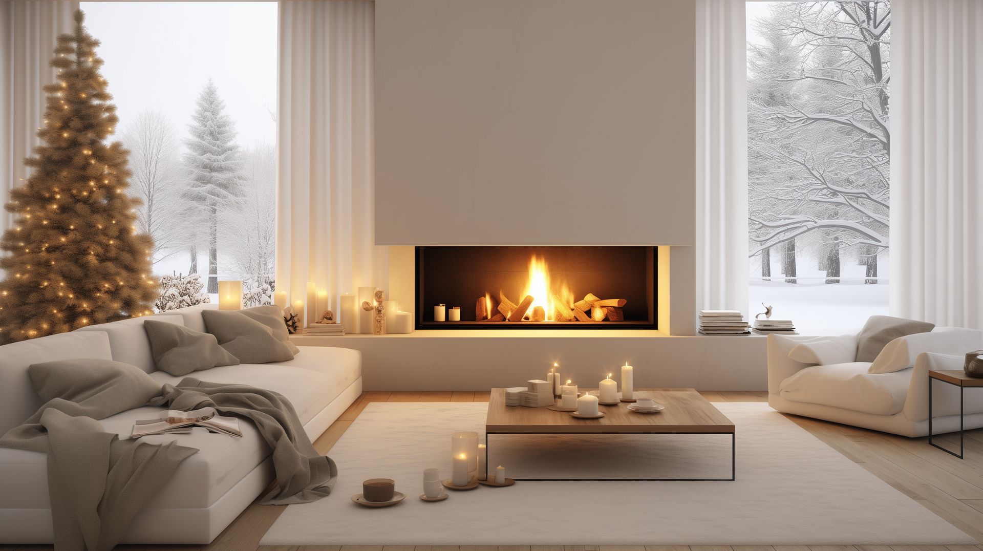 Uma sala de estar decorada para o natal com lareira e árvore de natal.