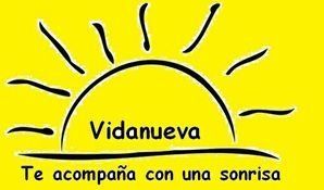 Un fondo amarillo con el dibujo de un sol y las palabras vidanueva te acompaña con una sonrisa