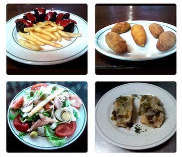 Cuatro platos principales: patatas fritas con frutos rojos, croquetas fritas, ensalada y pescado o carne emplatada con salsa.