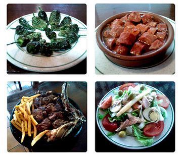 Cuatro platos de comida dispuestos en un collage de 2x2: pimientos verdes, carne en cubos, patatas fritas con carne y una ensalada.