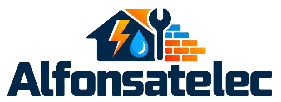 Logotipo de Alfonsatelec con iconos de una casa, un rayo, una gota de agua, una llave inglesa y un muro de ladrillo.