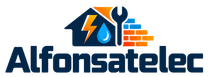 Logotipo de Alfonsatelec con iconos de una casa, un rayo, una gota de agua, una llave inglesa y un muro de ladrillo.