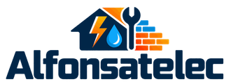 Logotipo de Alfonsatelec con iconos de una casa, un rayo, una gota de agua, una llave inglesa y un muro de ladrillo.