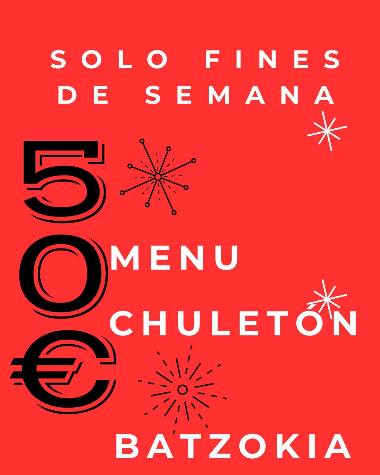 Menú del restaurante Batzokia, con entrantes y platos principales listados en español, sobre fondo verde.