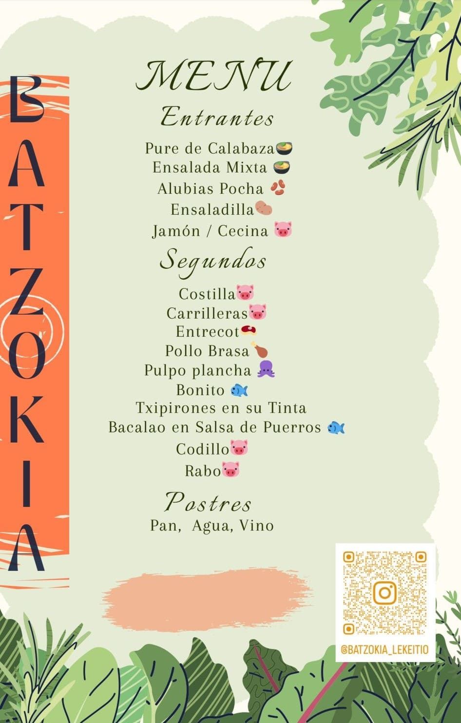 Menú del restaurante Batzokia, con entrantes y platos principales listados en español, sobre fondo verde.