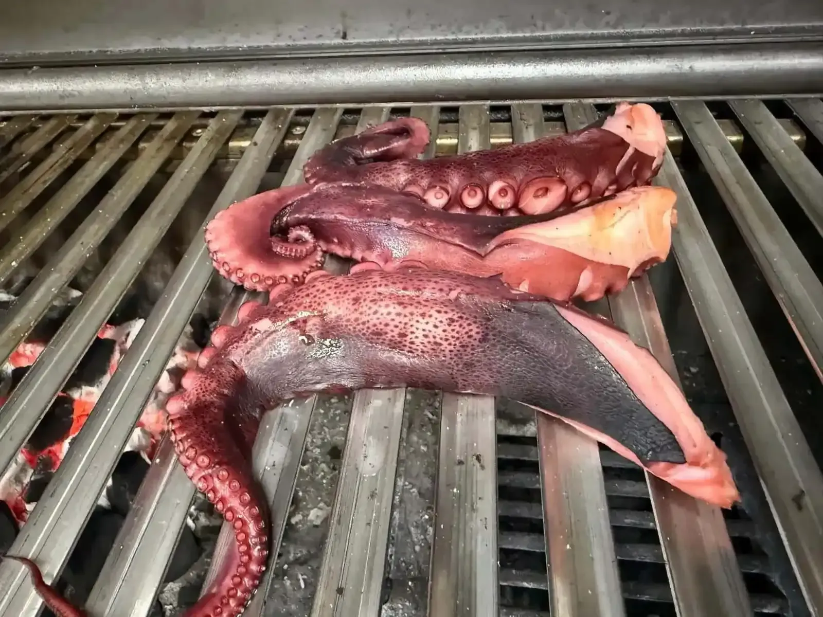Pulpo asándose sobre rejilla metálica; color púrpura rojizo.