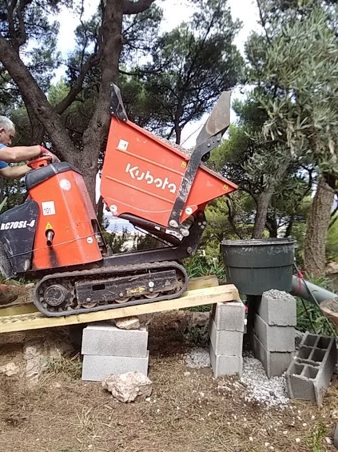 Un tombereau à chenilles Kubota orange sur une rampe, près d'un arbre, manœuvré par une personne.