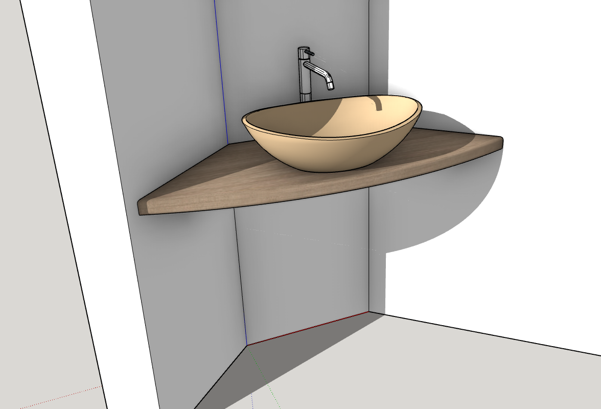 progetto per piano di lavoro in legno massiccio di teak con bacinella  e miscelatore per bagno. Bordi frontali grezzi / rustici