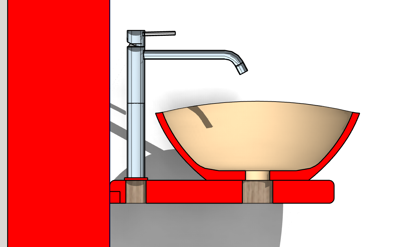 progetto per piano di lavoro in legno massiccio di teak con bacinella  e miscelatore per bagno. Bordi frontali grezzi / rustici