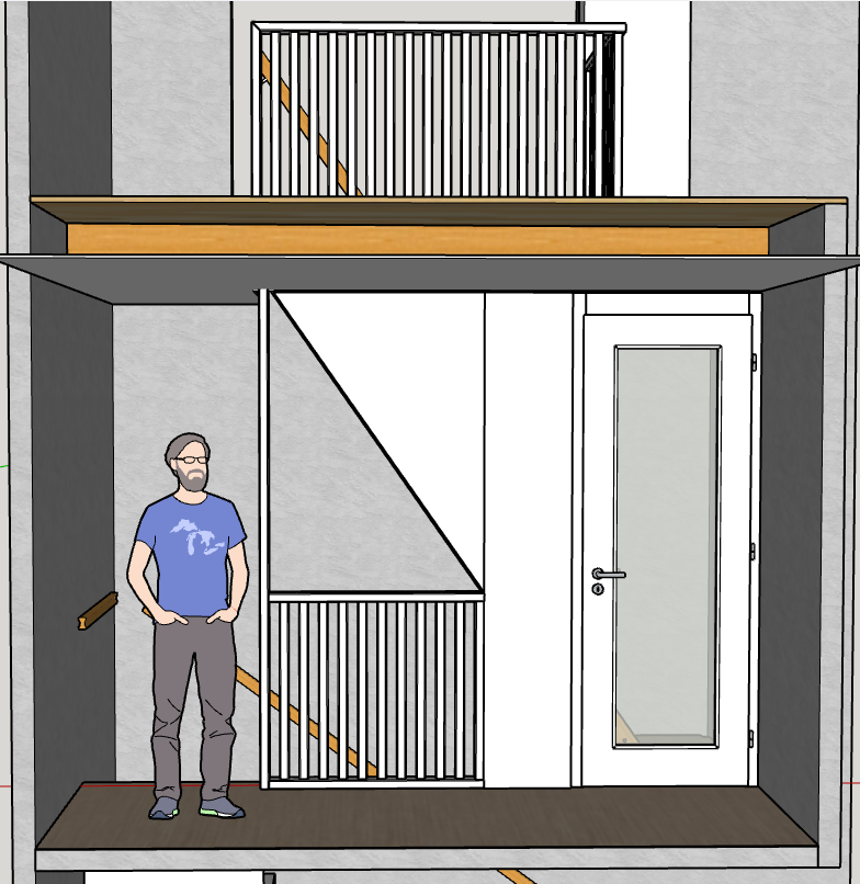 progetto porta con vetro di sicurezza, eseguita su misura a tutta altezza, scala in legno, parapetti e corrimano. 