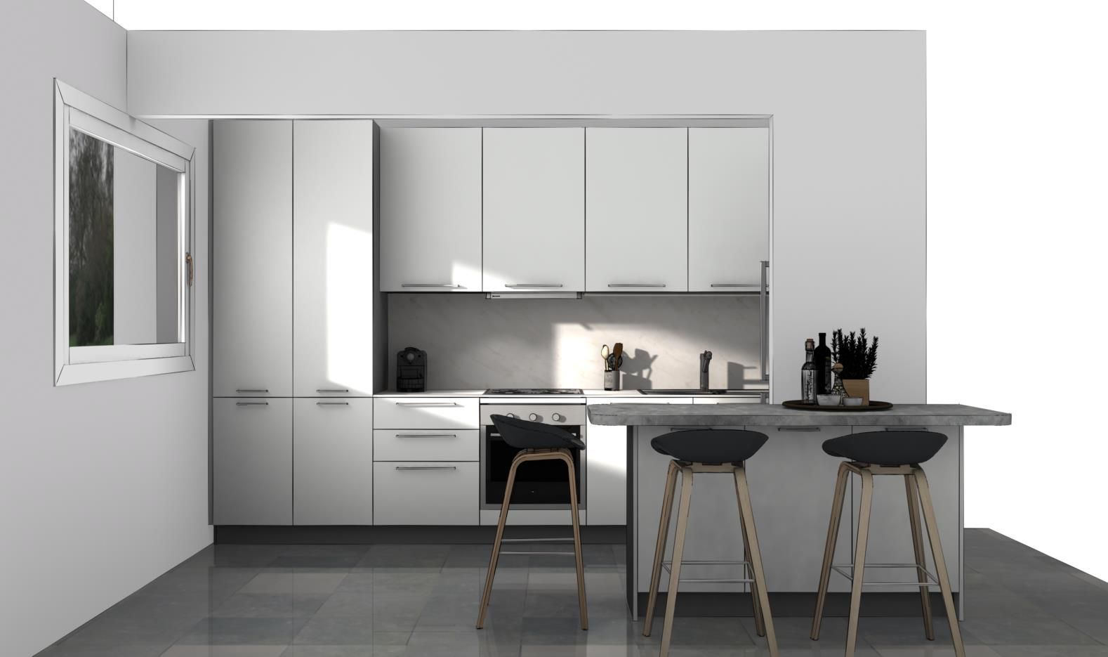progetto-render cucina, ante finitura bianco opaco, piano di lavoro in laminato, pensili, elettrodomestici, isola