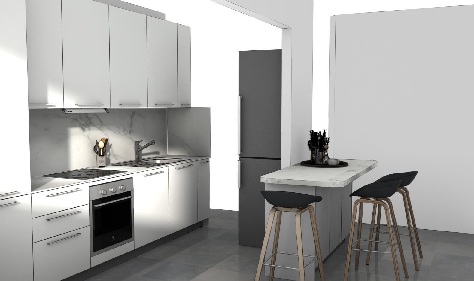 progetto-render cucina, ante finitura bianco opaco, piano di lavoro in laminato, pensili, elettrodomestici, isola