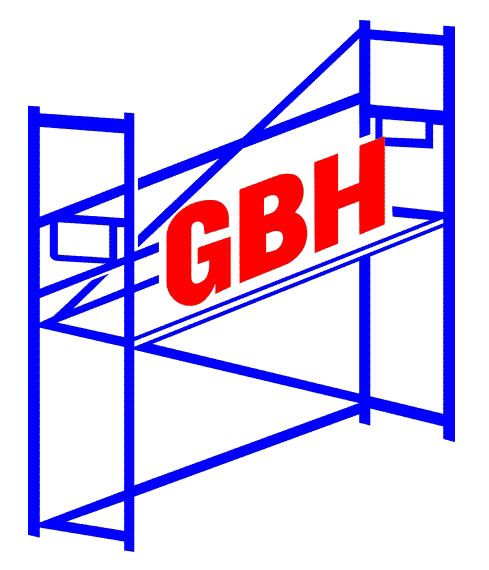 Blaues Gerüstlogo mit roten Buchstaben „GBH“ in der Mitte