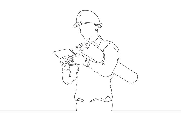 Illustration d'un ouvrier tenant des plans de construction dans ses mains