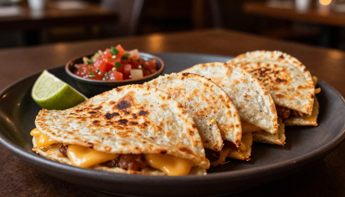 Porciones de quesadilla en un plato negro con salsa y una rodaja de lima