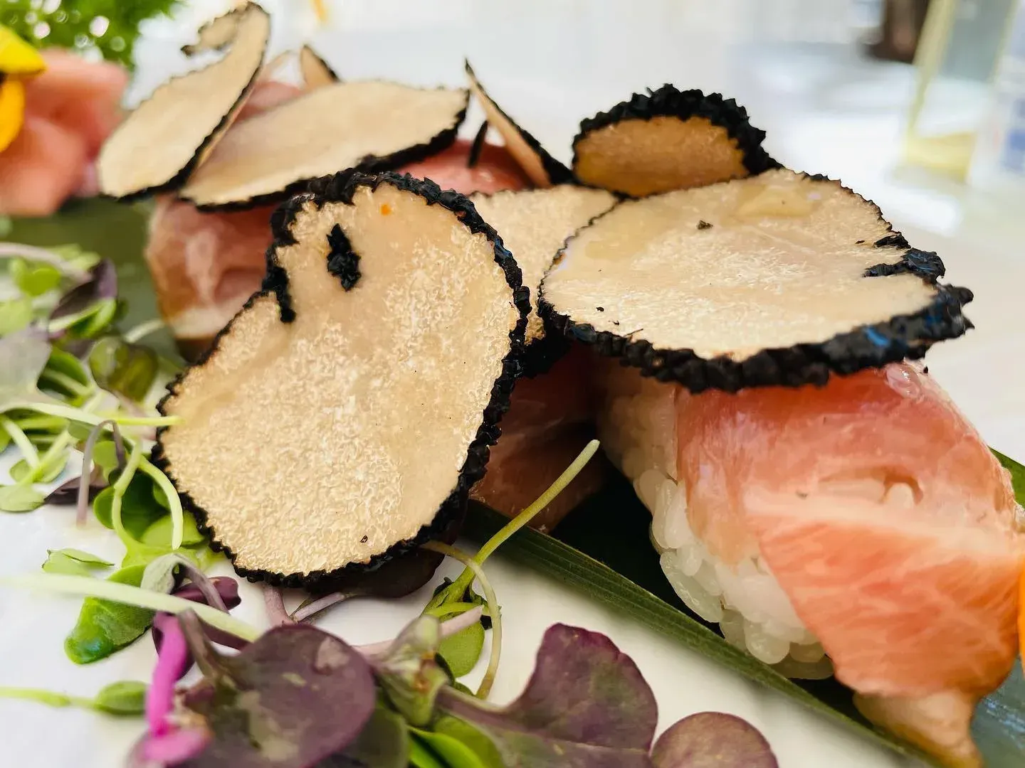 Aperitivo de salmón ahumado con láminas de trufa negra sobre una cama de hojas verdes