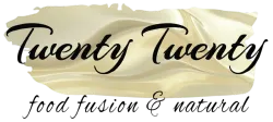 Logotipo Twenty Twenty con fondo de pincelada color crema y el eslogan «food fusion & natural»
