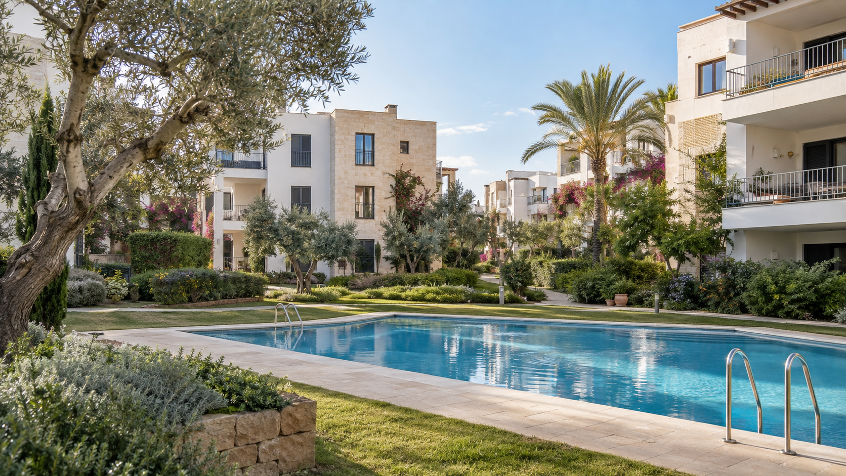 Patio residencial con piscina azul, zonas verdes ajardinadas y modernos edificios de apartamentos bañados por el sol.