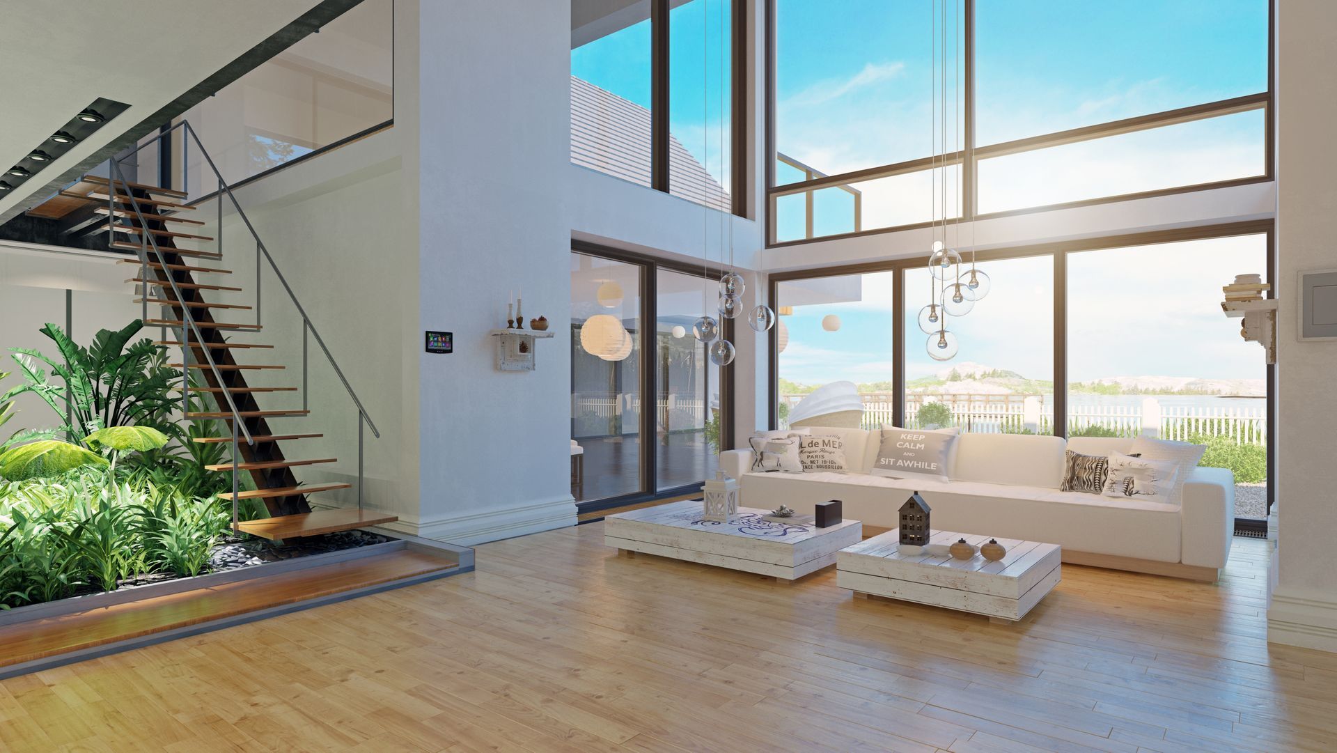 Salón moderno con ventanales del suelo al techo, escalera y suelo de madera clara con vistas a la ciudad.