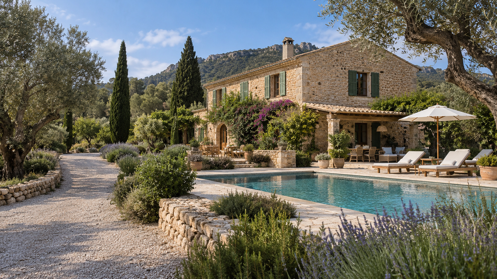 Villa de piedra con piscina, tumbonas y sombrillas en medio de un jardín paisajístico en un entorno rural.