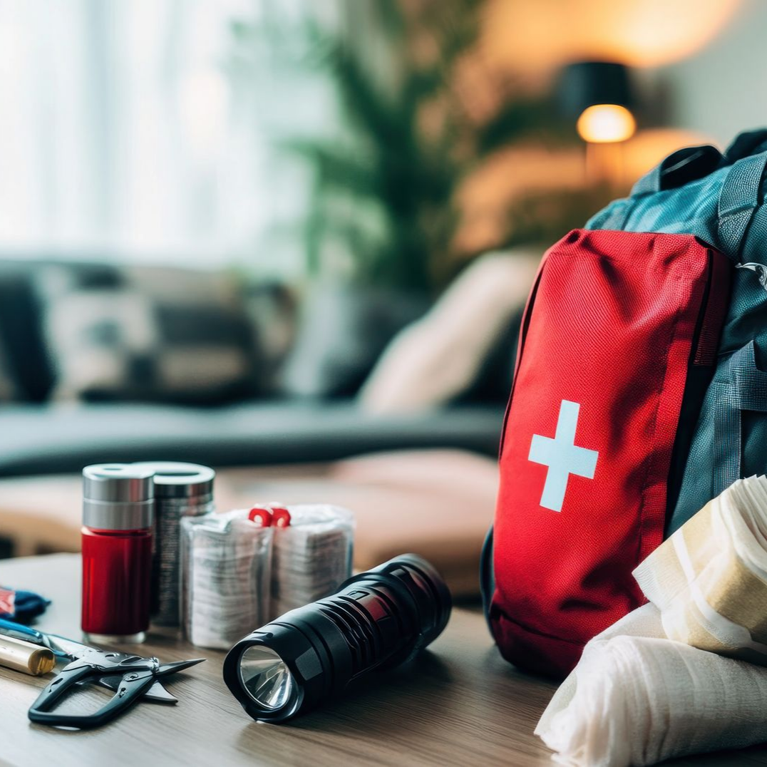 Kit d’urgence avec un sac à dos de premiers secours rouge, une lampe torche, du matériel et des bandages posés sur une table dans un salon.