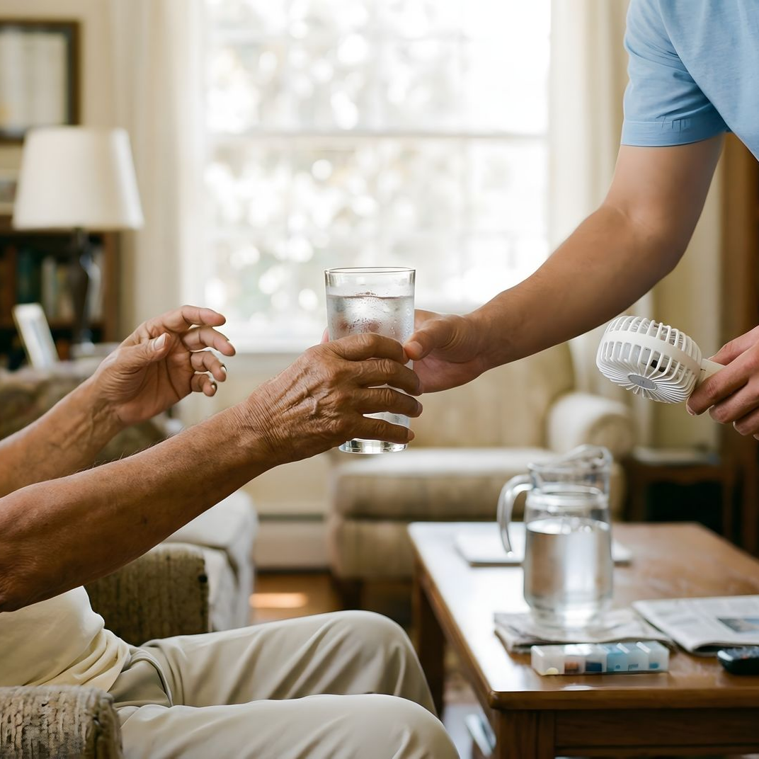 Une aide-soignante tend une boisson à une personne assise dans un salon.