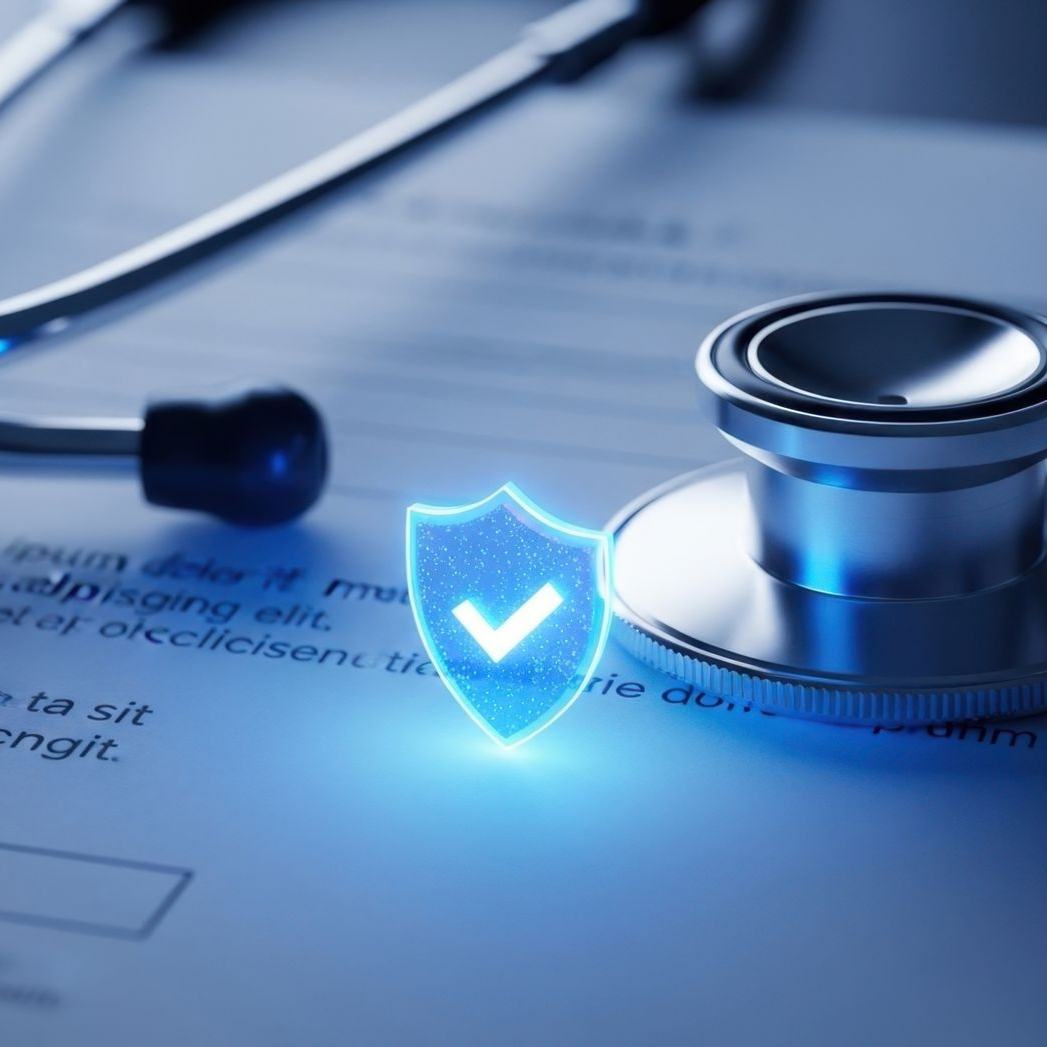 Un stéthoscope posé sur des documents médicaux avec une icône de bouclier bleu lumineux, symbolisant la sécurité des soins de santé.