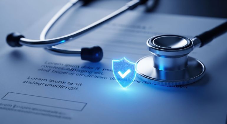 Un stéthoscope à côté d’une icône de bouclier bleu lumineux sur un document médical, symbolisant la sécurité des soins de santé.