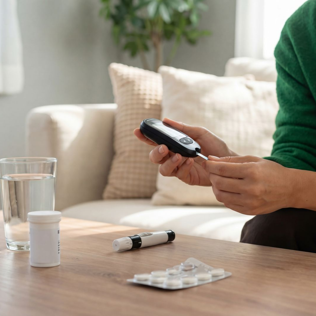 Personne tenant un smartphone à une table basse, avec des médicaments et un verre d’eau à proximité.
