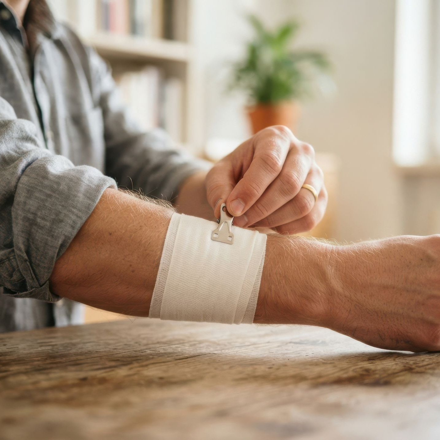 Personne en train d’enrouler un bandage blanc autour d’un poignet, à une table en bois.