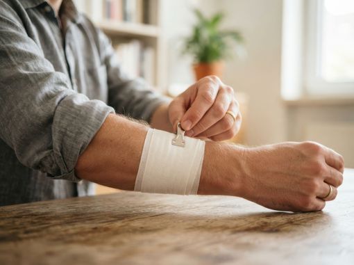 Bandage manuel de l’avant-bras sur une table en bois, dans une pièce lumineuse.