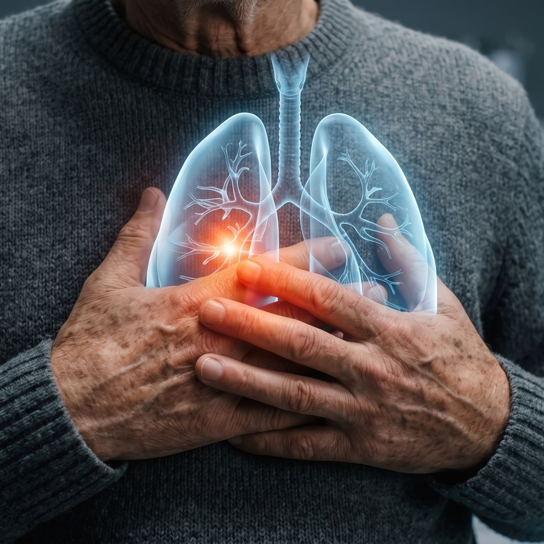 Personne se tenant la poitrine, avec des poumons illustrés lumineux, évoquant des problèmes respiratoires.