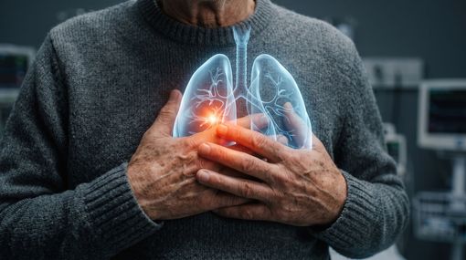 Personne se tenant la poitrine, avec une représentation numérique lumineuse des poumons en surimpression, évoquant une maladie respiratoire ou une douleur cardiaque.